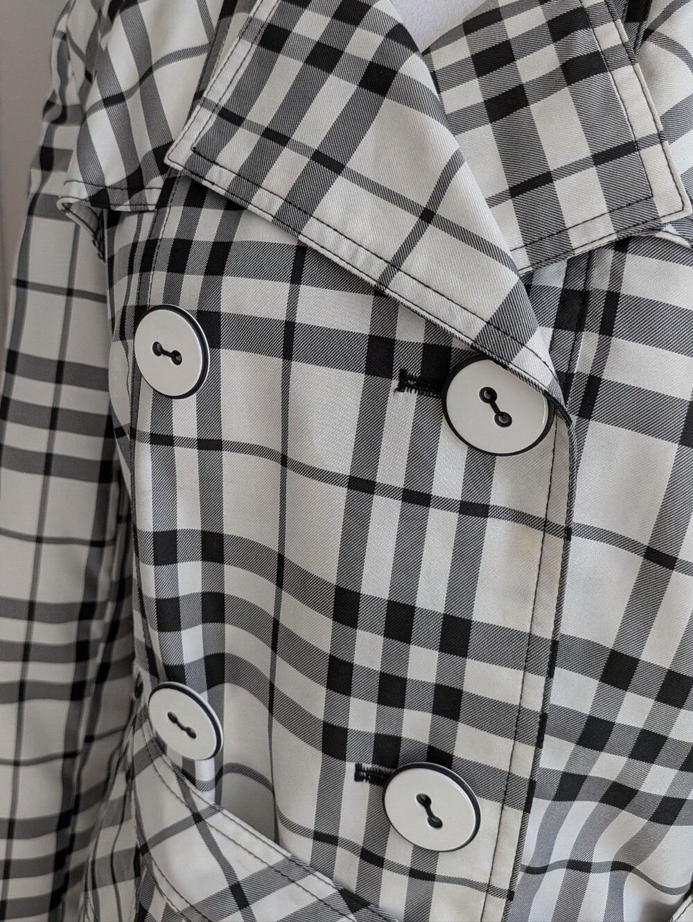 giacca Black & White Plaid Double-Breasted  Trench Style Rain Coat & Windbreaker - Picture 5 of 15